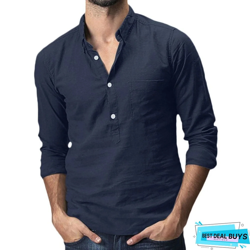 Men's Baggy Cotton Linen Solid Multi-Pocket Short Sleeve Turn-down Collar Shirts Linen