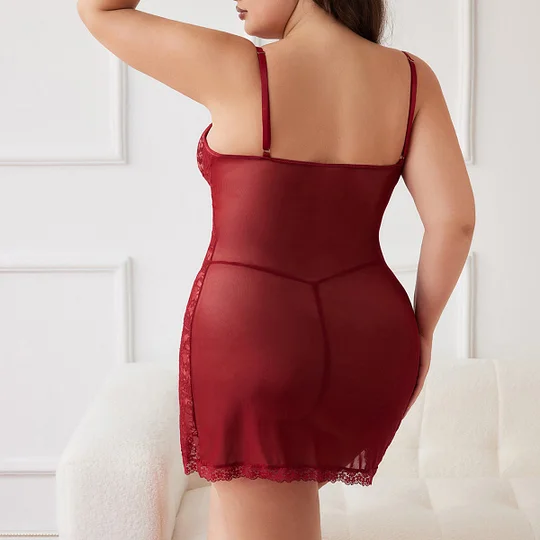 Lovingerie - Large Size Sexy Lace Transparent Set with Suspender Slit Style Lingerie Two Piece Set