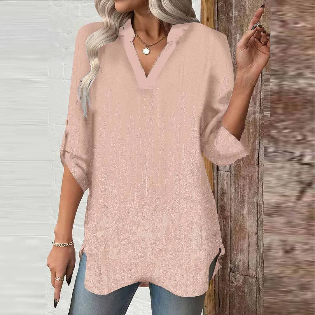 Women Floral, Pink DZGA0595 3/4 Sleeve V-neck Printed Graphic Button Tops