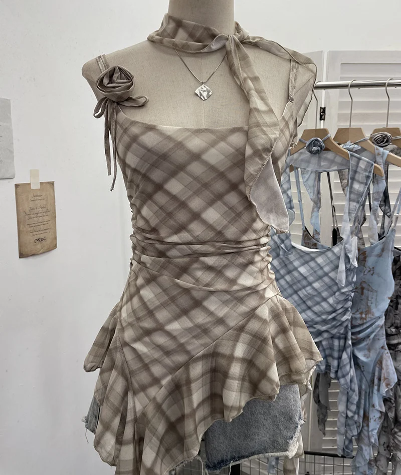 Uveng Real Shooting Retro Tie-Dye-Print Mesh Sling Sling Sling Vest Irregular Lotus Leaf Edge Ribbon Sleeveless Top 1185