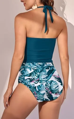 Two Piece Tummy Control Halter Tankini Swimsuit 