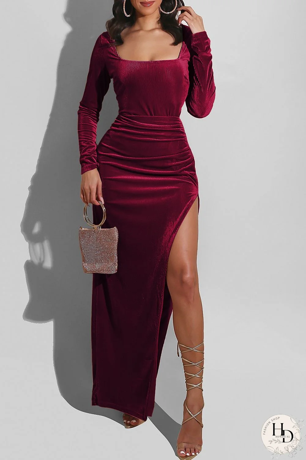Black Fashion Sexy Solid Slit Square Collar Long Sleeve Dresses