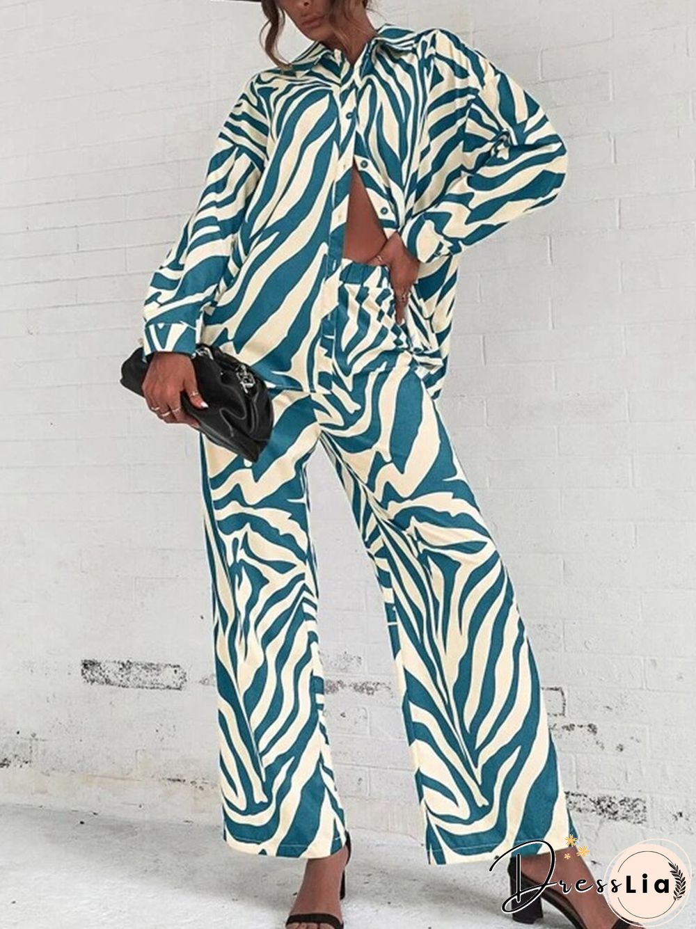 Casual Women Summer Printed Tracksuit Two Piece Set Ladies Streetwear Suits Ol Lapel T-shirts Blouse Long Pencil Trouser 2PC