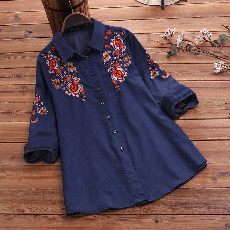 Brownm Women's Embroidery Blouse 2022 ZANZEA Elegant Denim Blue Shirts Long Sleeve Chemise Female Button Down Blusa Tunic  Top