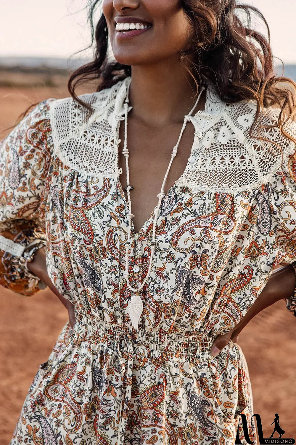 MidiSono - Multicolor Lace Splicing Split Neck Paisley Ruffle Mini Dress