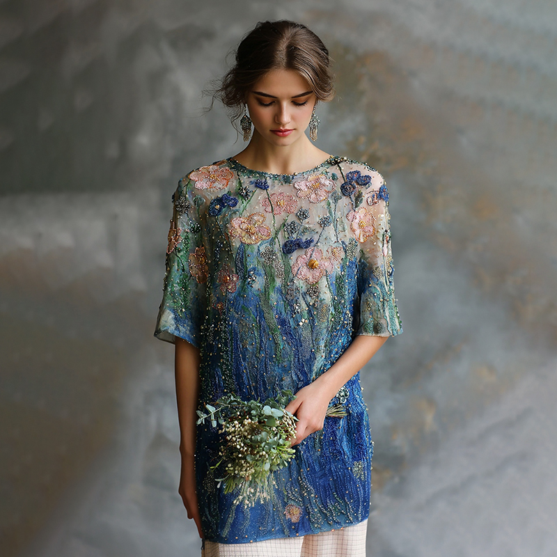 Women's Oil Painting Floral Contrast Color Sequined T-shirt  artssus