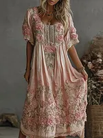 Women's Vintage Floral Art Print Flowy Linen Blend Casual Short Sleeve Maxi Dress - Image 2