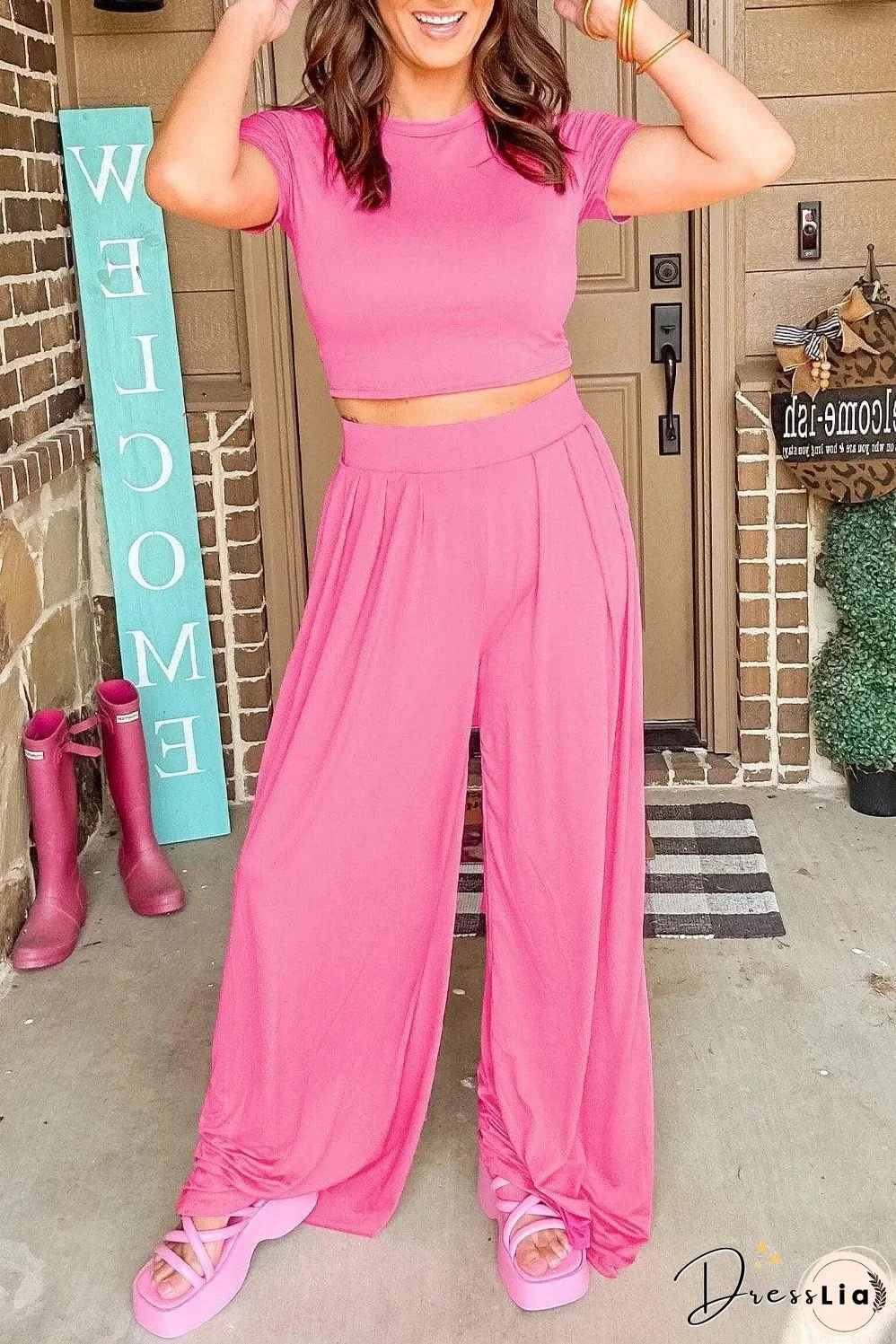 Strawberry Pink Slim Fit Crop Top and Pleated Wide Leg Pants Set
