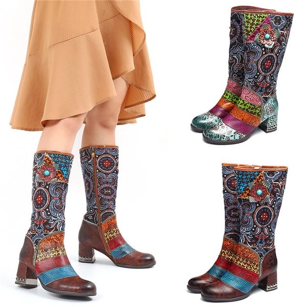 SOCOFY Bohemian Retro Boots Handmade Shoes Splicing Pattern Flat Leather Boots National Style Over Knee Long Boots For Women - Life is Beautiful for You - SheChoic