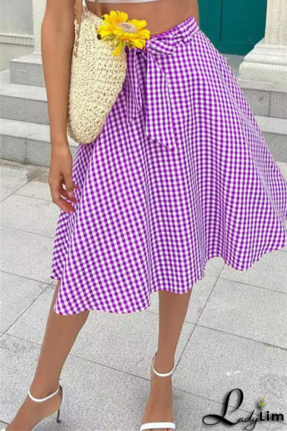 Grey Fashion Casual Plaid Print Patchwork Regular High Waist Skirt