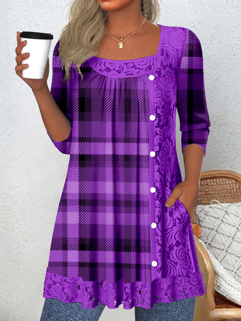 Women's Long Sleeve Scoop Neck Graphic Lace Buttons Halloween Top