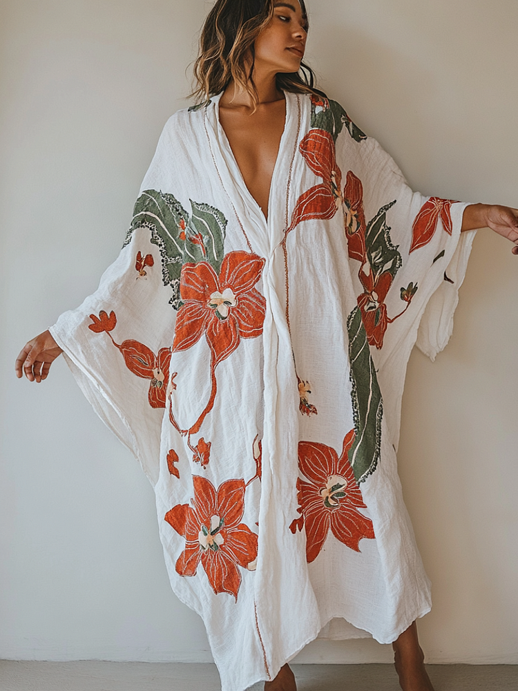 Flower Pattern Printed Linen Cotton Kaftan