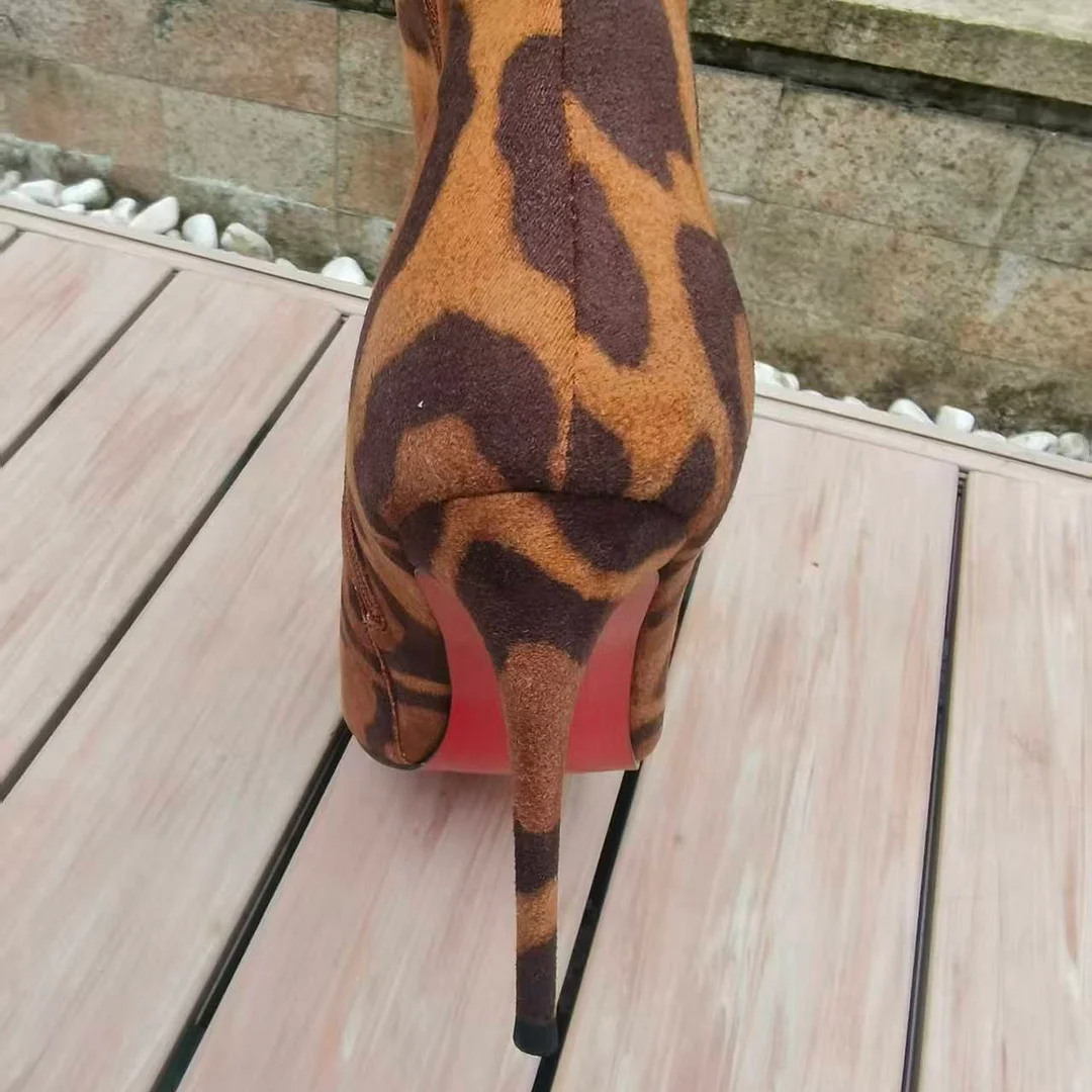 100mm Women's Stiletto Heel Knee Boots Red Bottom Leopard Suede Knee Boots-MERUMOTE