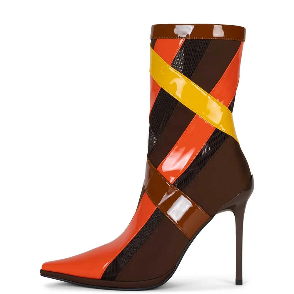 Multicolor Patent Leather Snip Toe Colorful Stripe Mid-Calf Boots With Stiletto Heels Nicepairs