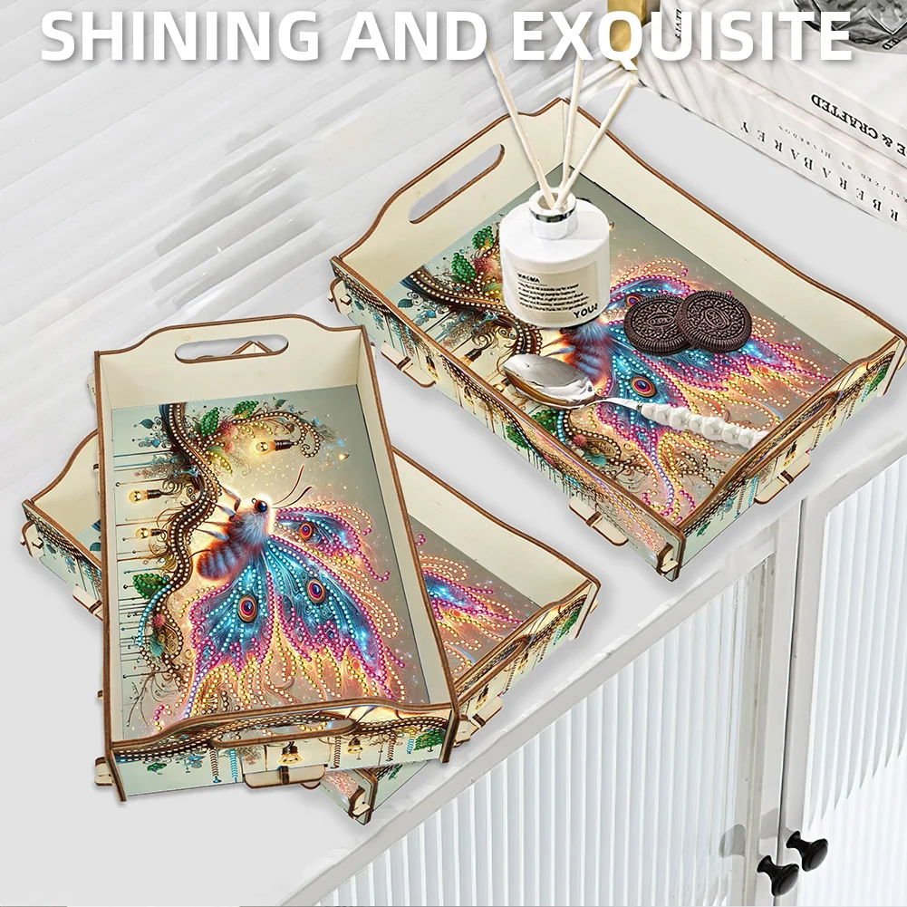 5D DIY Insect Diamond Painting Wooden Serving Tray with Handle for Coffee Table