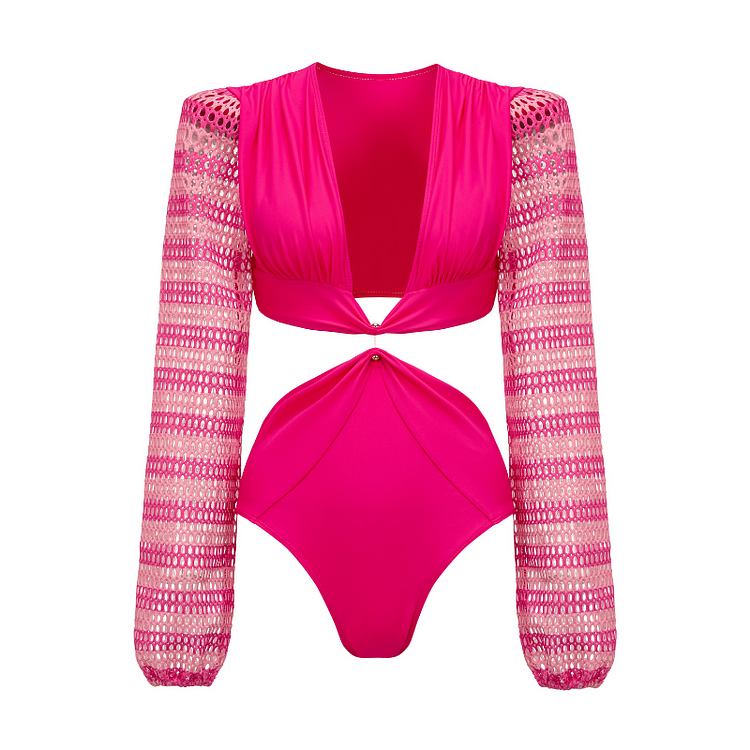 Flaxmaker Long Sleeve Cutout Red One Piece Swimsuit