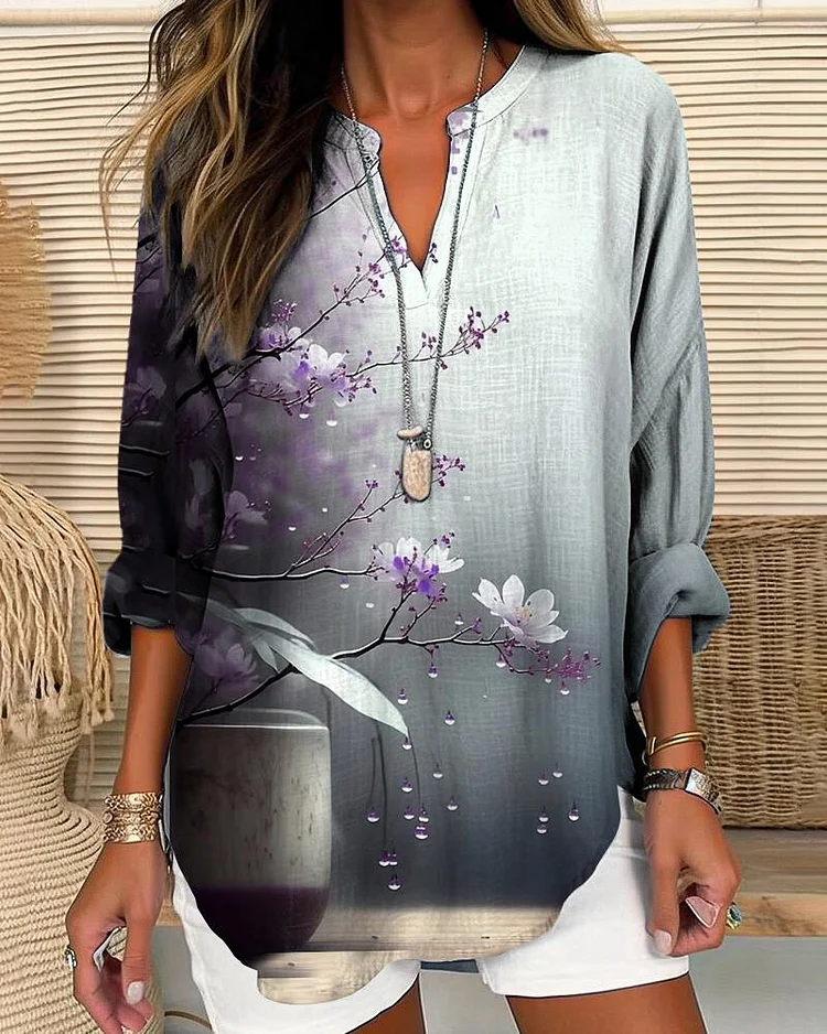 Gradient Purple Flowers Long Sleeves Casual Blouse