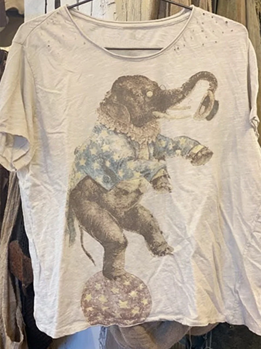 Women's Elephant Print Crew Neck Ripped Style Casual Top