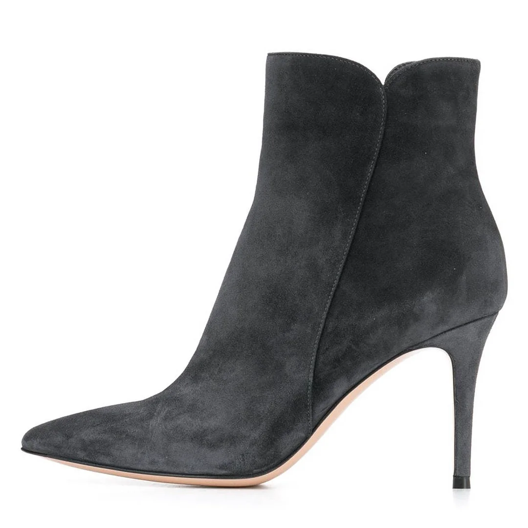 Vegan Suede Pointed Toe Side Zipper Stiletto Heel Boots in Dark Grey