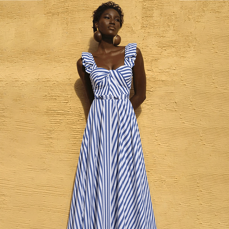 Ruffle Striped Print One Piece Swimsuit and Skirt