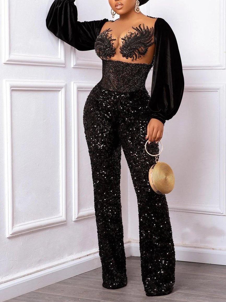 Long sleeves paneled sequin black   jumpsuit-zachics