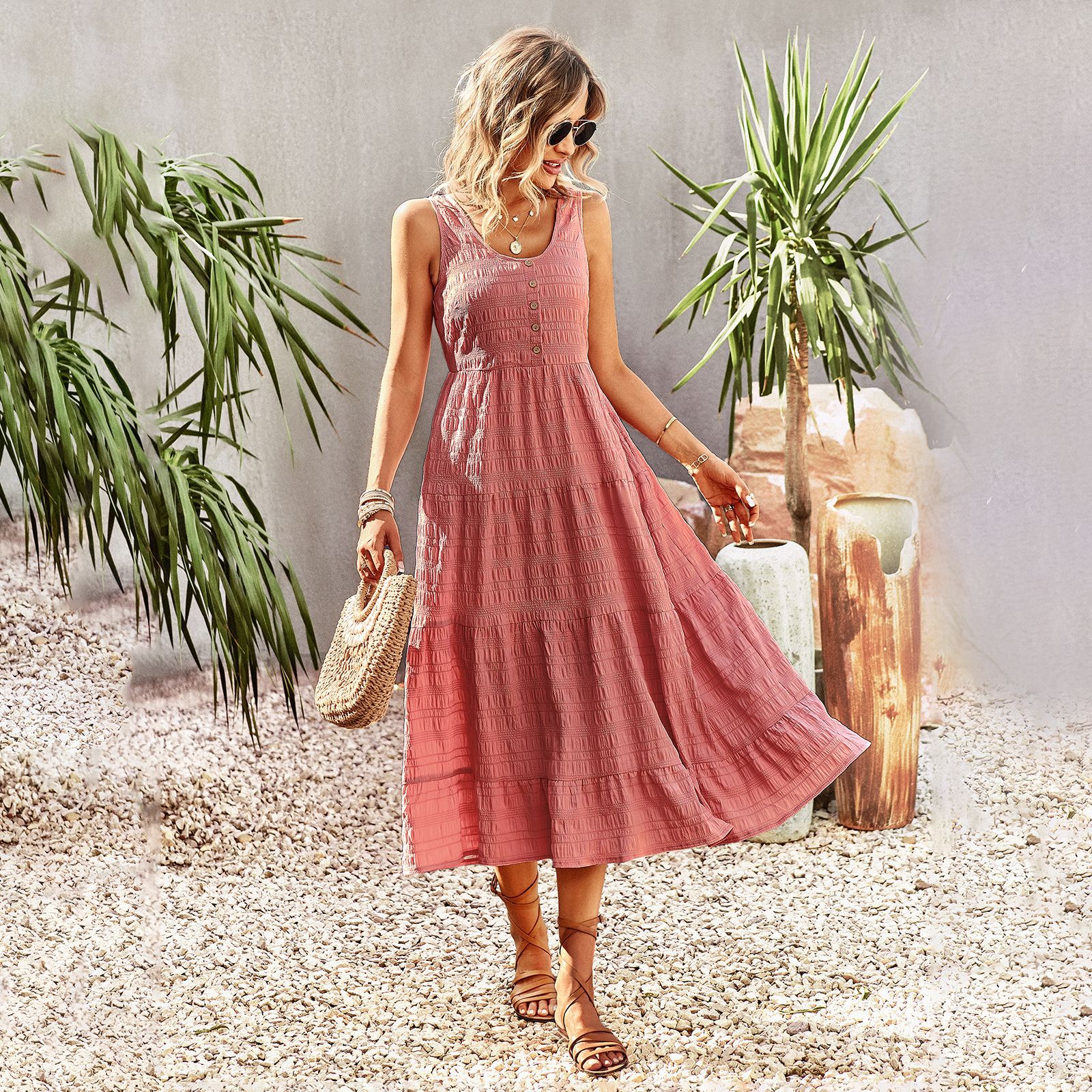 Chic A Line Sleeveless Ruffle Elegant O Neck Beach Holiday Midi Dresses