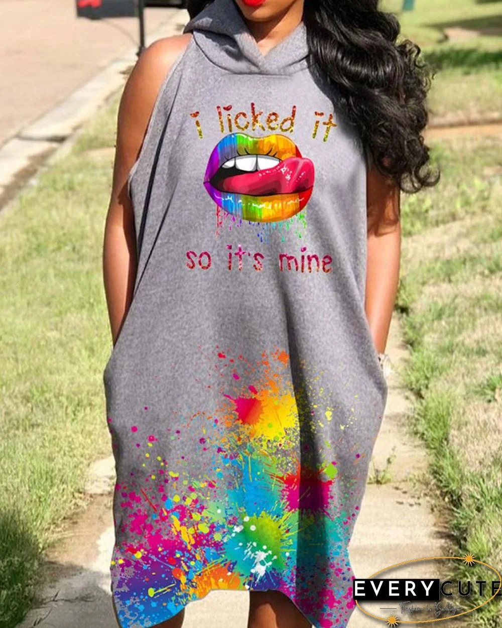 Lip Print Hooded Sleeveless Casual Dress