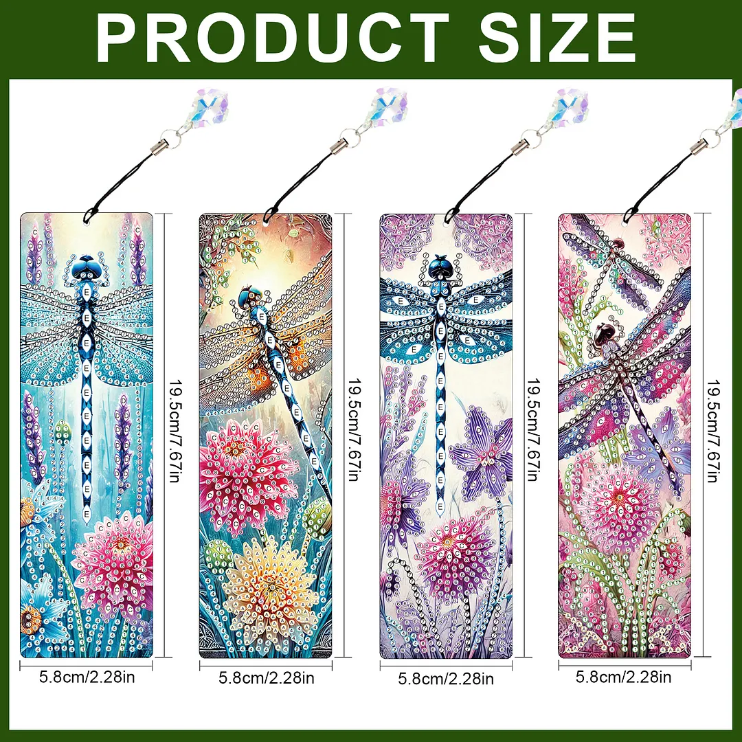 4Pcs Dragonfly Among Flowers DIY Diamond Bookmark Art Projects Irregular Shaped Diamonds Diamond Painting Art Bookmarks with Crystal Pendants for DIY Making Beginners Adult Art Craft Supplies