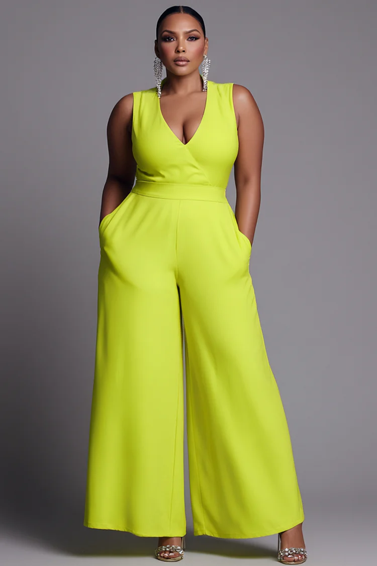 Xpluswear Design Plus Size Vacation Fluorescent Green V Neck Pocket Wide Leg Jumpsuits [Pre-Order] 2024 - Xpluswear