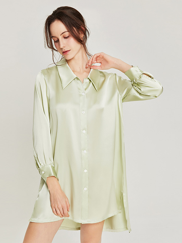  Luxury Solid Silk Short Nightgown With Long Sleeves Light Green Silk Nightgown