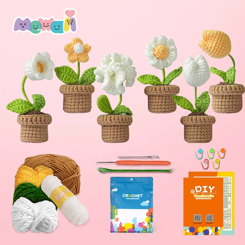 Mewaii Easy Crochet Kits For Beginner White Flowers and Potted Plants Beginners Crochet Kit with Easy Peasy Yarn-6pcs