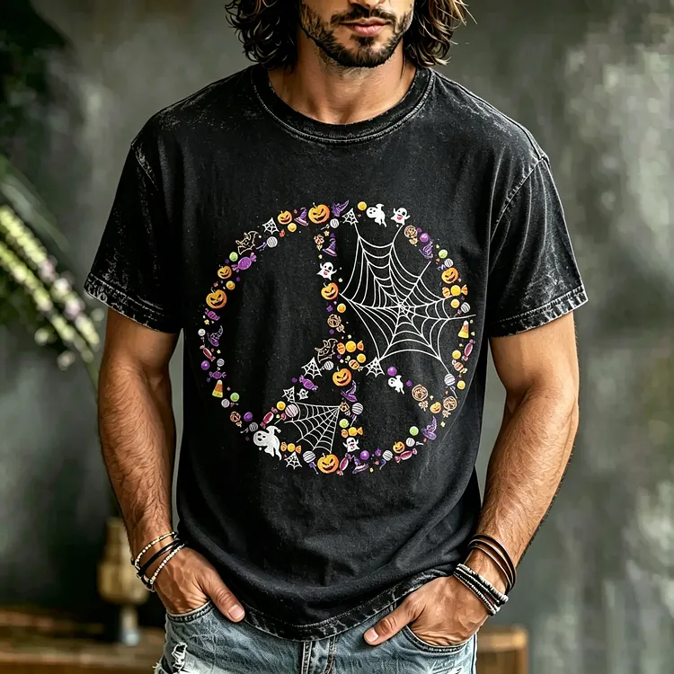 Men's Halloween Peace Symbol Pumpkin Spider Web Pattern Casual Crew Neck T-shirt