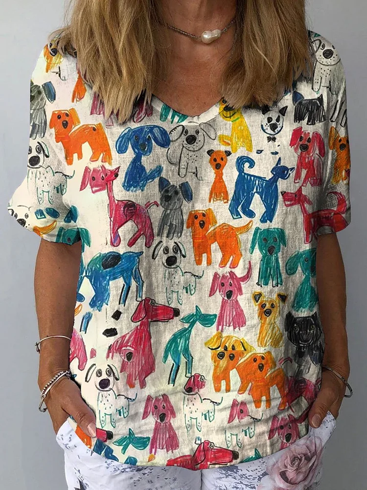 Women's Cute Kid Drawing Dog Art Print Casual Cotton And Linen Shirt