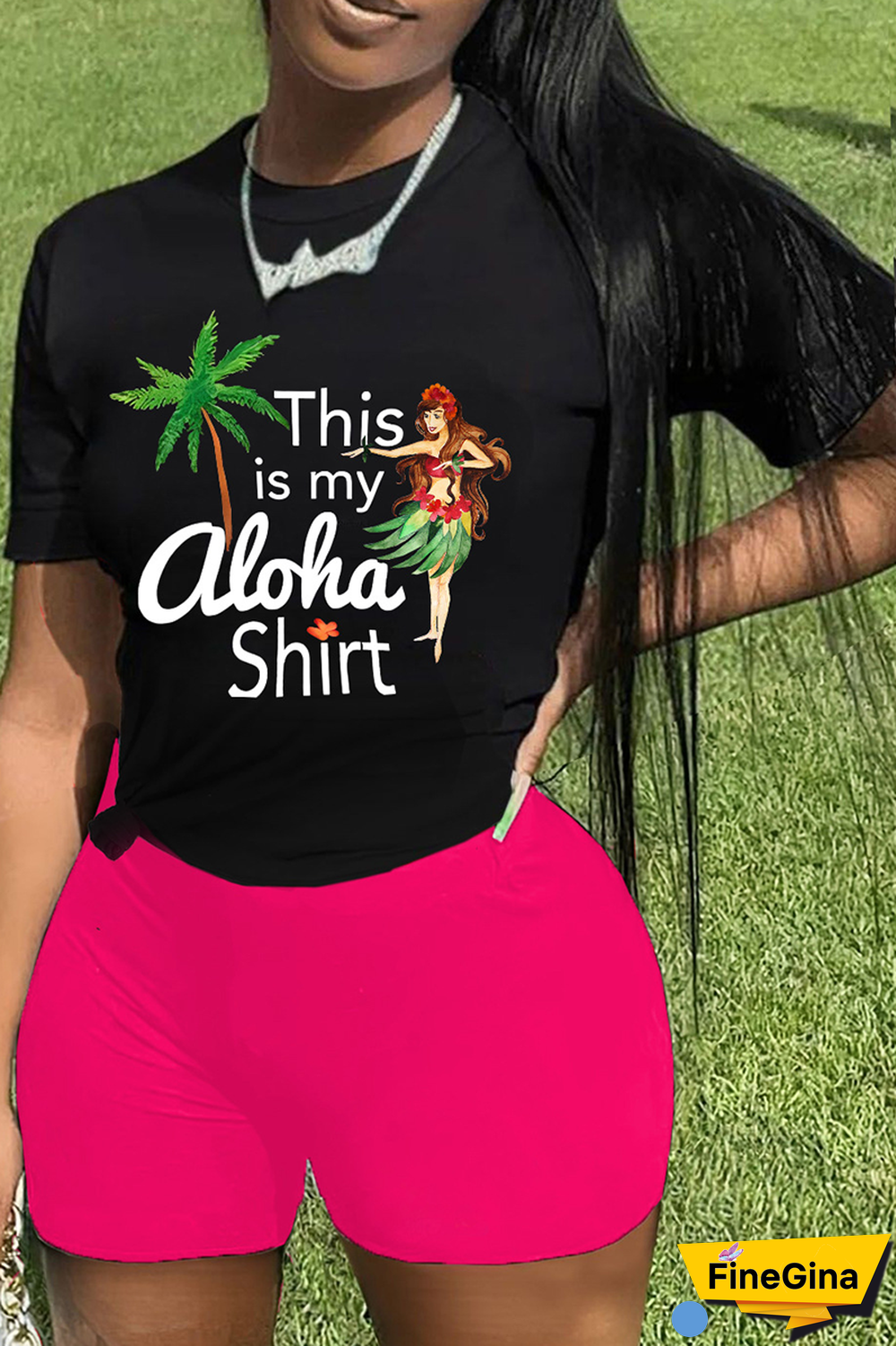 Black Pink Street Print Patchwork O Neck Short Sleeve Two Pieces