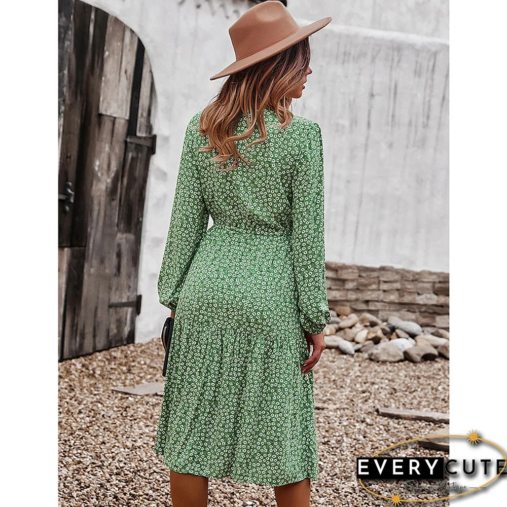 Light Green Floral Print V Neck Long Sleeve Dress