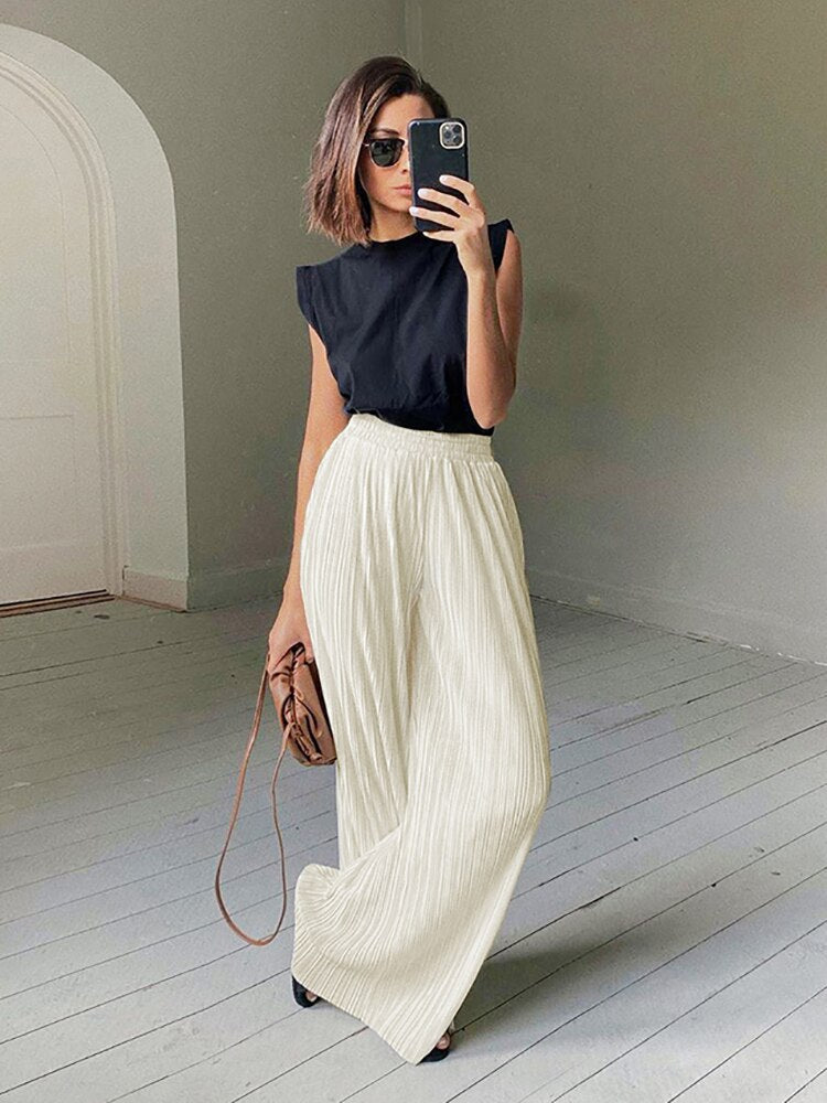 Joskka Womens Fashion Homewear Loose Long Sleeve Blouses And High Waist Wide Leg Pants