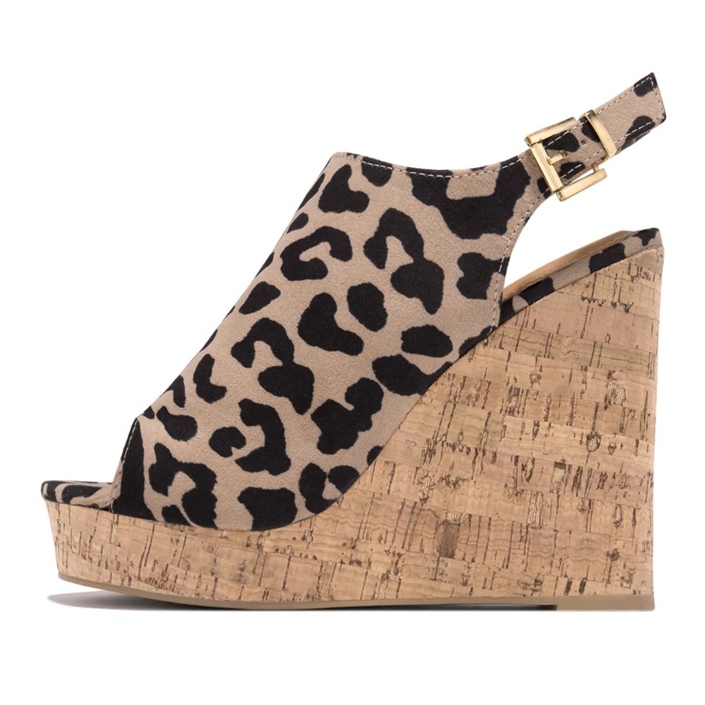 Leopard Print Suede Peep Toe Sandals With Ankle Strap Slingback Buckle Wedge Chunky Heels Nicepairs