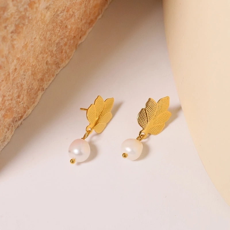 1 Pair IG Style Minimalist Leaves Pearl 304 Stainless Steel 18K Gold Plated Drop Earrings