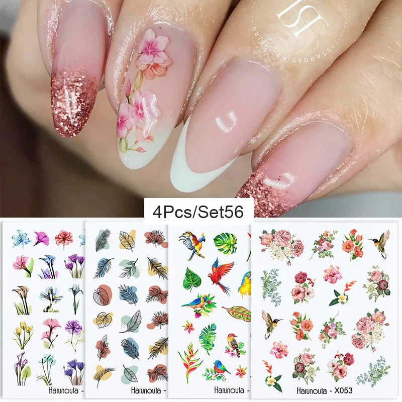 Harunouta 4Pcs Colorful Wave Leaf Flowers Water Decals Stickers Fruit Snake Designs Manicure Nail Art Decorations For Summer