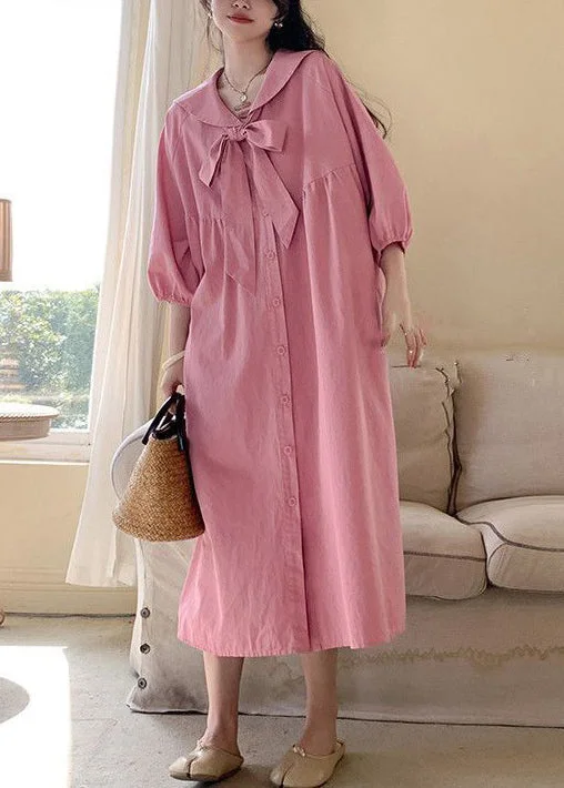 Loose Pink Lace Up Button Cotton Blouses Dress Long Sleeve