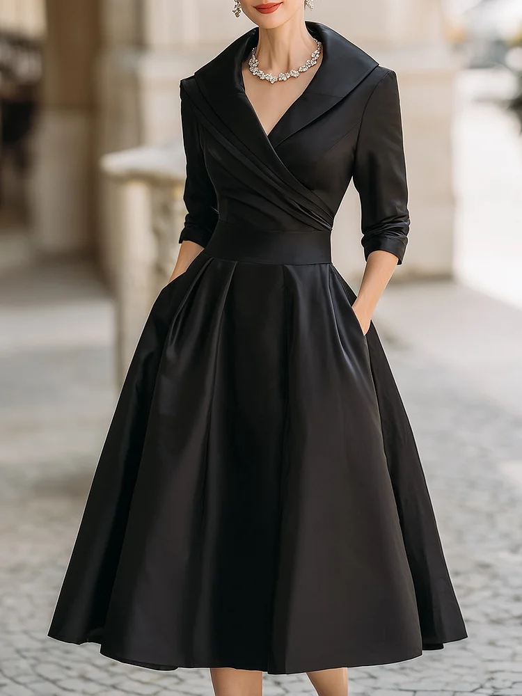 Vintage-Inspired Satin Midi Dress With Draped Collar