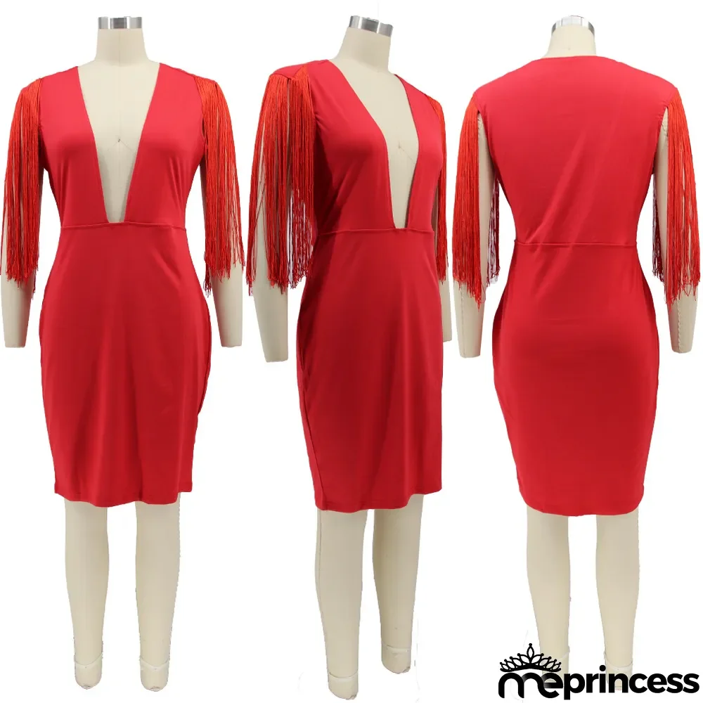 Solid Sexy Tassel Deep V Neck Bodycon Dress