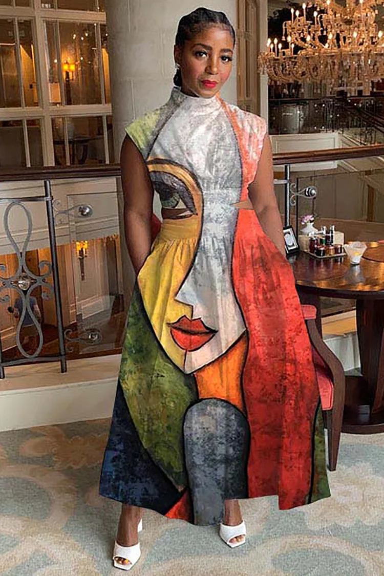 High Neck Sleeveless Face Abstract Print A-Line Maxi Dresses 