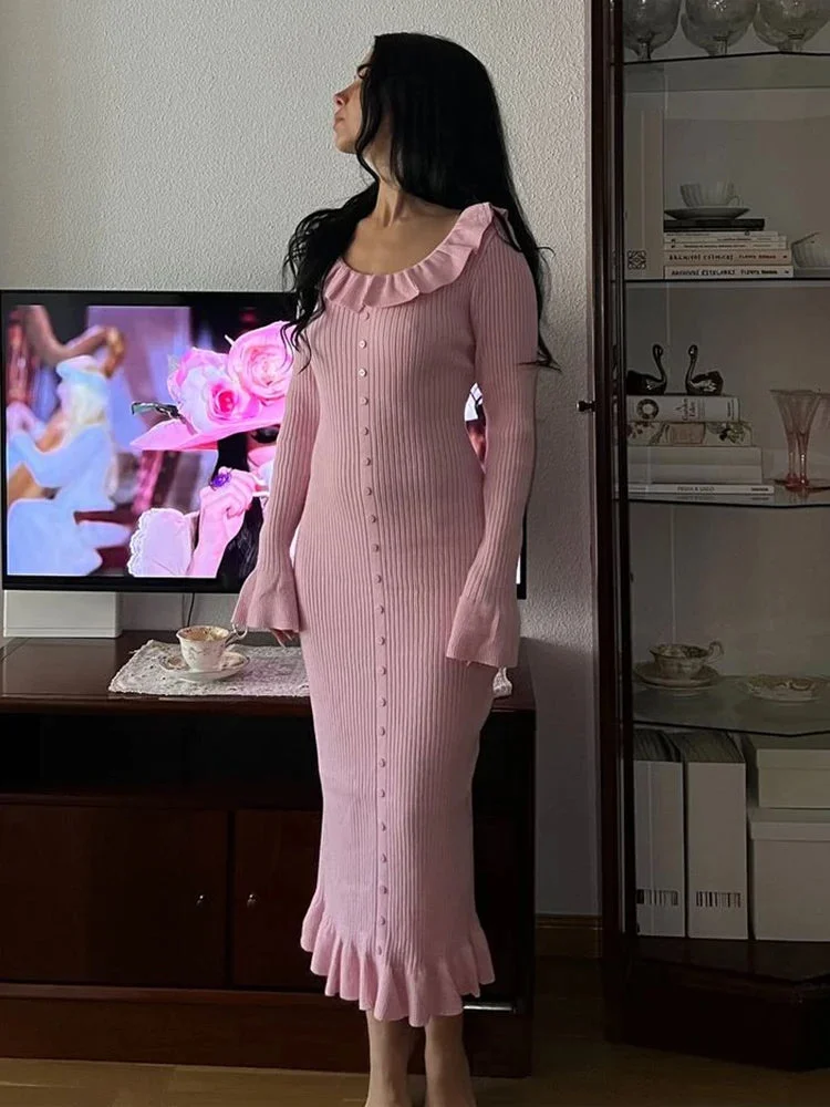 Churchf Pink Ruffled Long Sleeve Knit Midi Dress