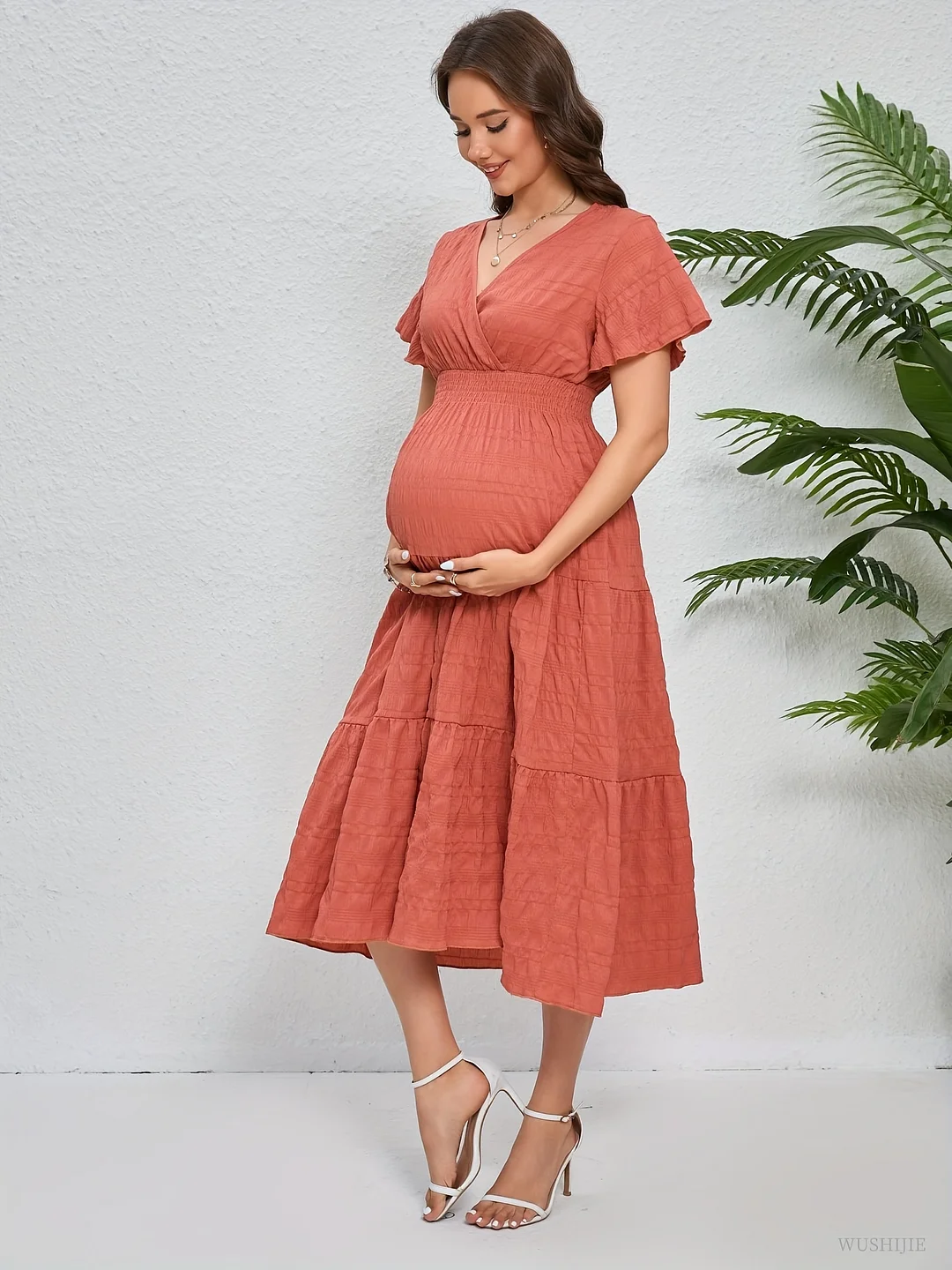 Women's Elegant V-Neck Tiered Summer Dress - Lightweight Stretchy Polyester, Ruched Waist & Flared Short Sleeves, Machine Washable Maxi Dress For Casual To Formal Occasion | IFYHOME
