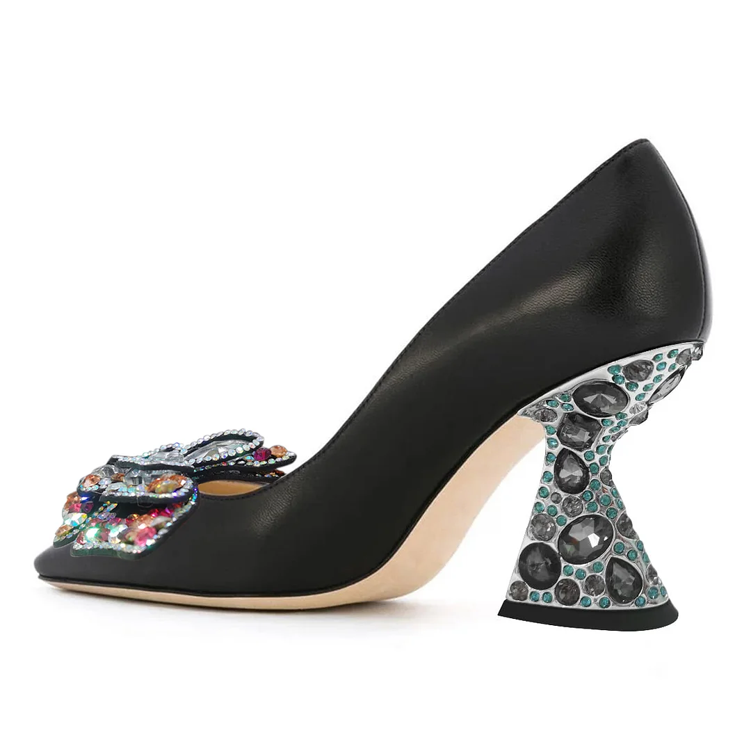 Women's Vegan Leather Pointed Toe Colorful Rhinestone Butterfly Pumps 