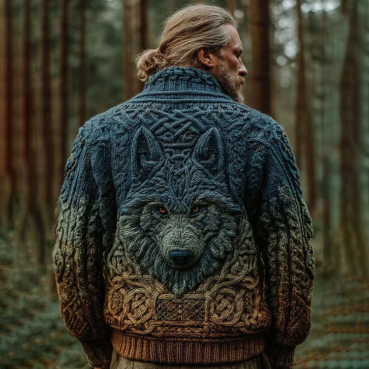 Men's Vintage Viking Wolf Pattern Gradient Cozy Knit Turtleneck Pullover Sweater