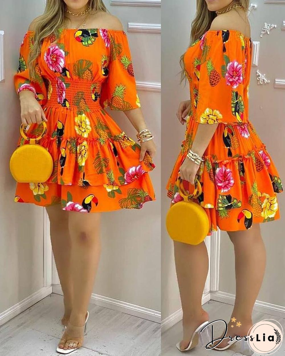 Fashion Elegant Fruit Print Off Shoulder Short Sleeve Kawaii Fairy High Waist Pleated A-Line Dress Summer Women's Party Dress