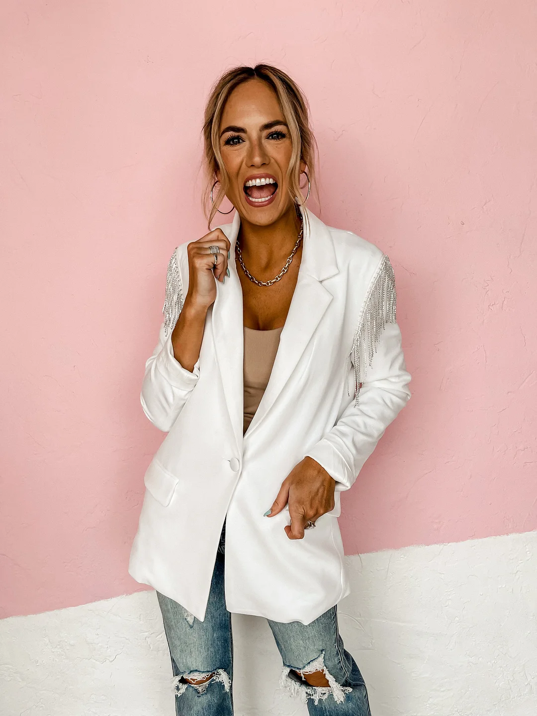 Impression Rhinestone Fringe Blazer-Ivory