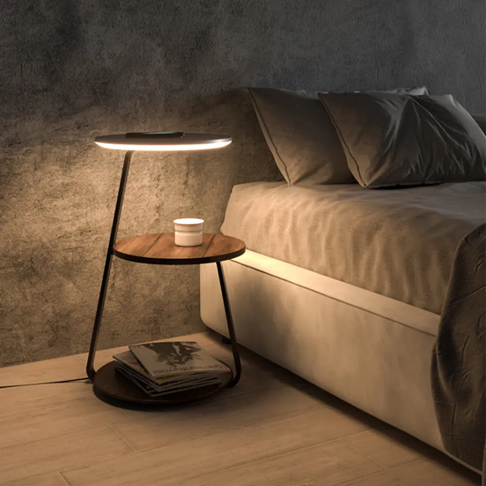 Ozawa Natural Round Wood Floor Lamp With Table Bedroom